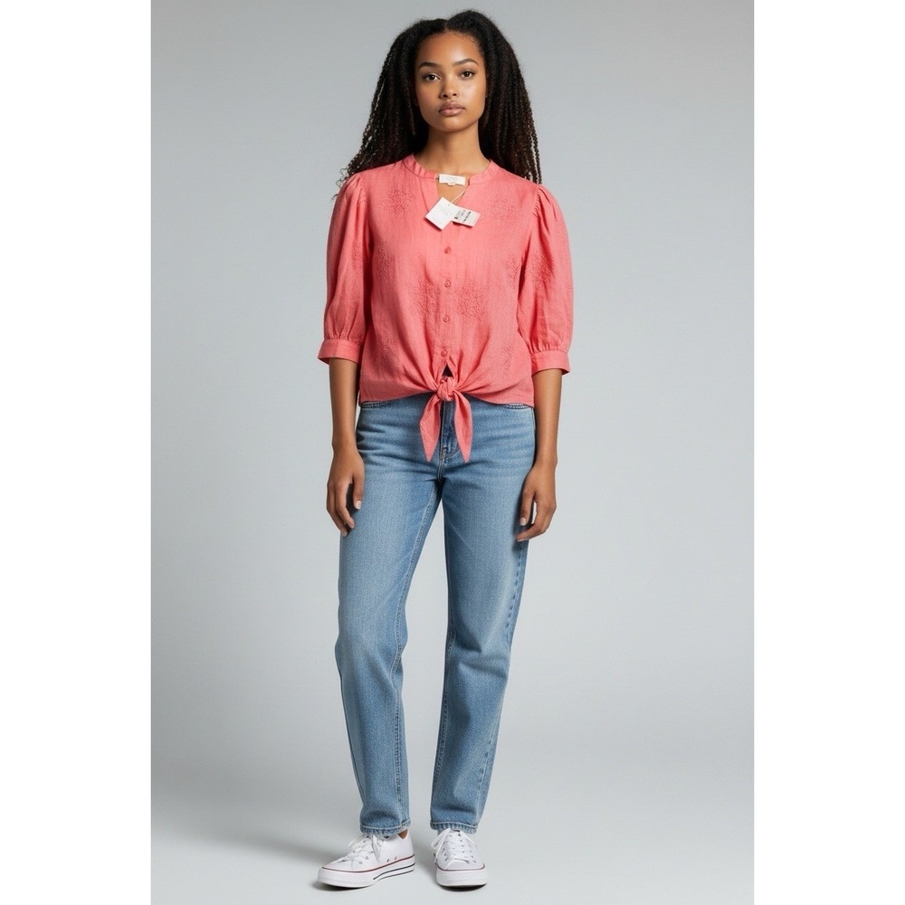 Charter Club Luxury 100% Linen Coral Embroidered Tie Front Blouse PM NWT